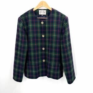 Vintage 80s LE SUIT Green Wool Plaid Blazer Jacket Executive Career Womens 14